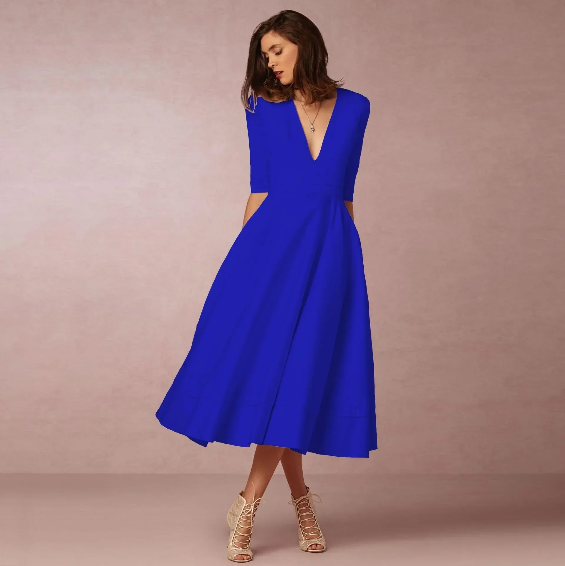 Adeline Women's Cotton Midi Dress – Elegant Fitted Round Neck Dress