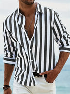 James Men’s Linen Shirt – Blue White Striped Cotton Blend Summer Casual Shirt