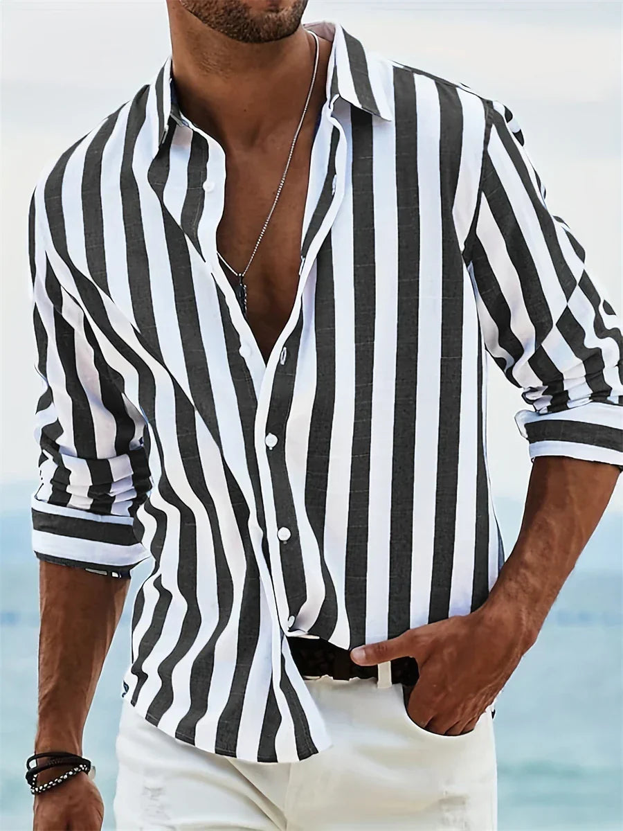 Elias Men's Striped Linen Blend Shirt – Lightweight Cotton Linen Summer Button-Up