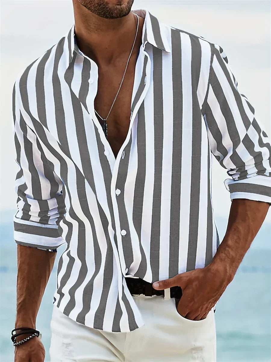 Elias Men's Striped Linen Blend Shirt – Lightweight Cotton Linen Summer Button-Up