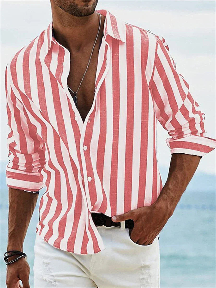Elias Men's Striped Linen Blend Shirt – Lightweight Cotton Linen Summer Button-Up