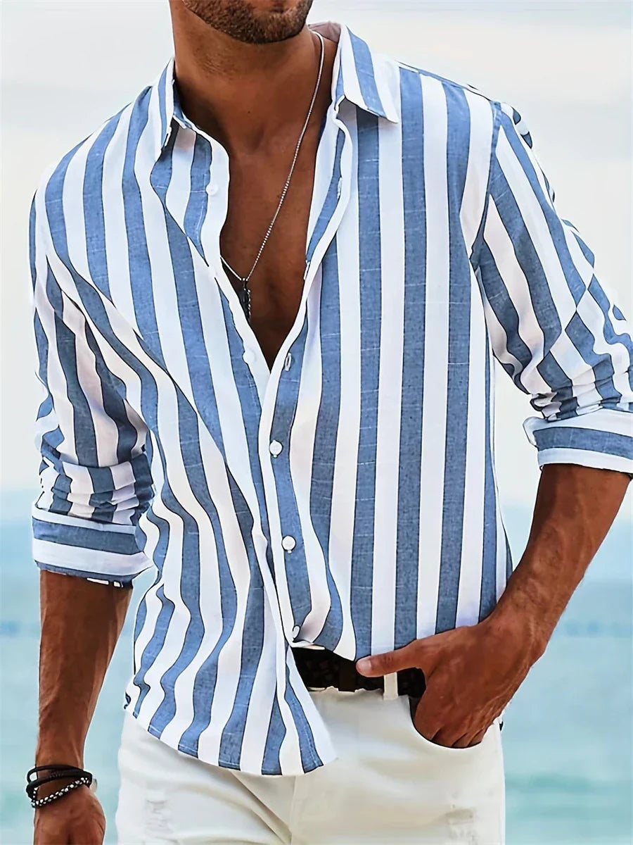 Elias Men's Striped Linen Blend Shirt – Lightweight Cotton Linen Summer Button-Up