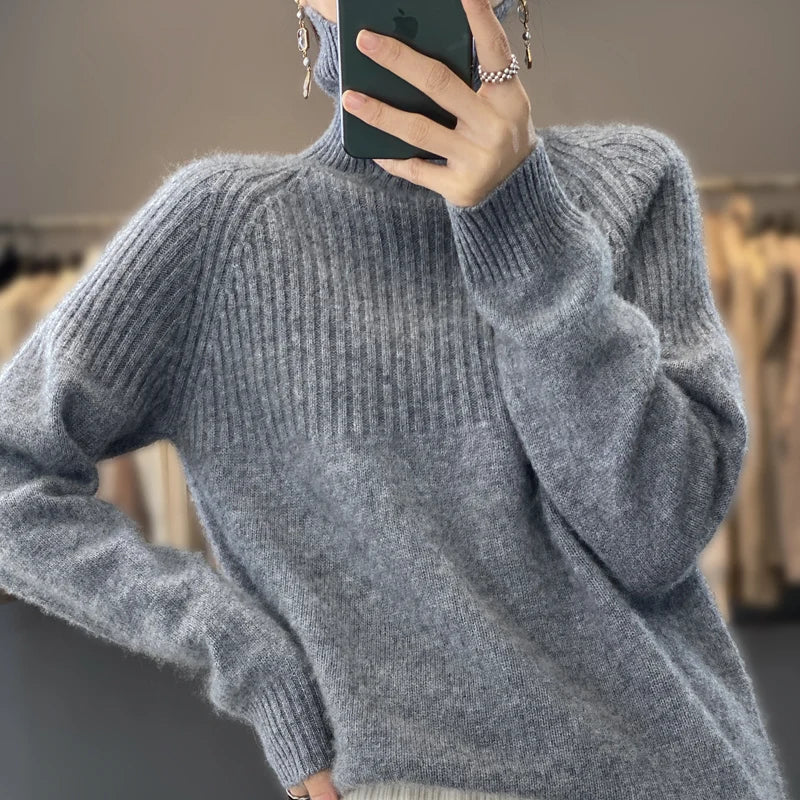 Celeste Women's Relaxed Fit Turtleneck Sweater – Soft Knit Pullover with Ribbed Details