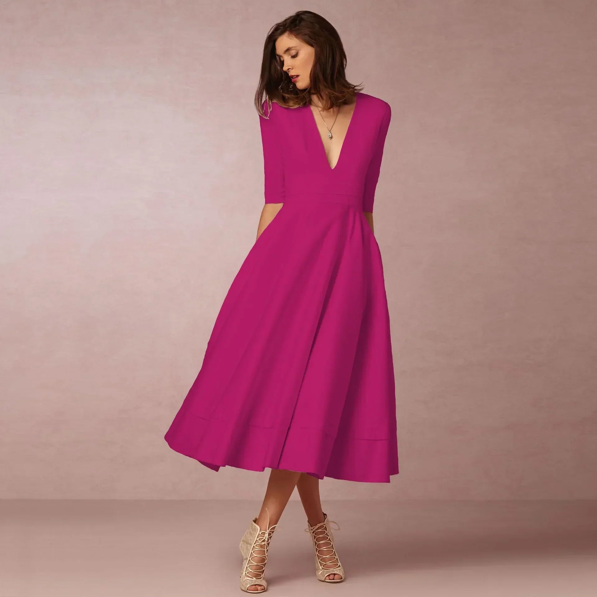 Adeline Women's Cotton Midi Dress – Elegant Fitted Round Neck Dress