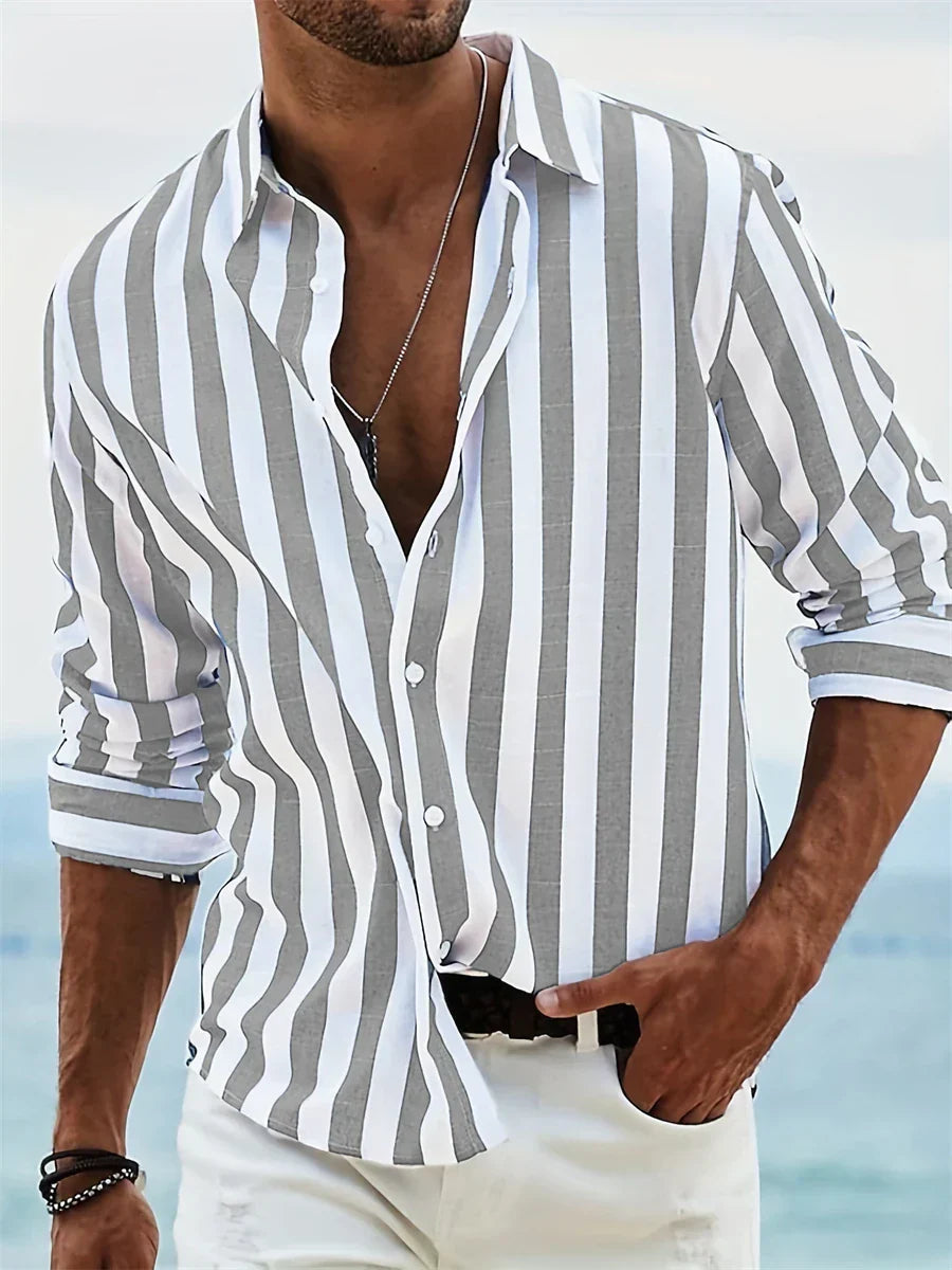 Elias Men's Striped Linen Blend Shirt – Lightweight Cotton Linen Summer Button-Up