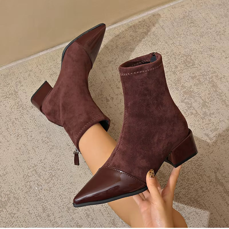 Whitney Ankle Boots for Women – Refined Suede Boots with Patent Accents & Comfy Block Heel