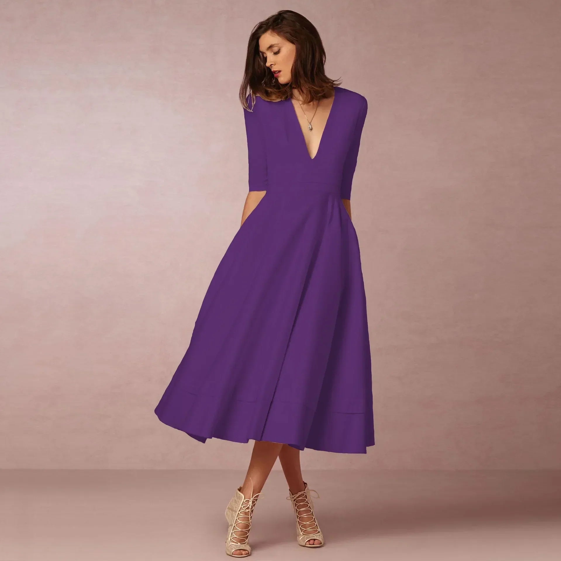 Adeline Women's Cotton Midi Dress – Elegant Fitted Round Neck Dress