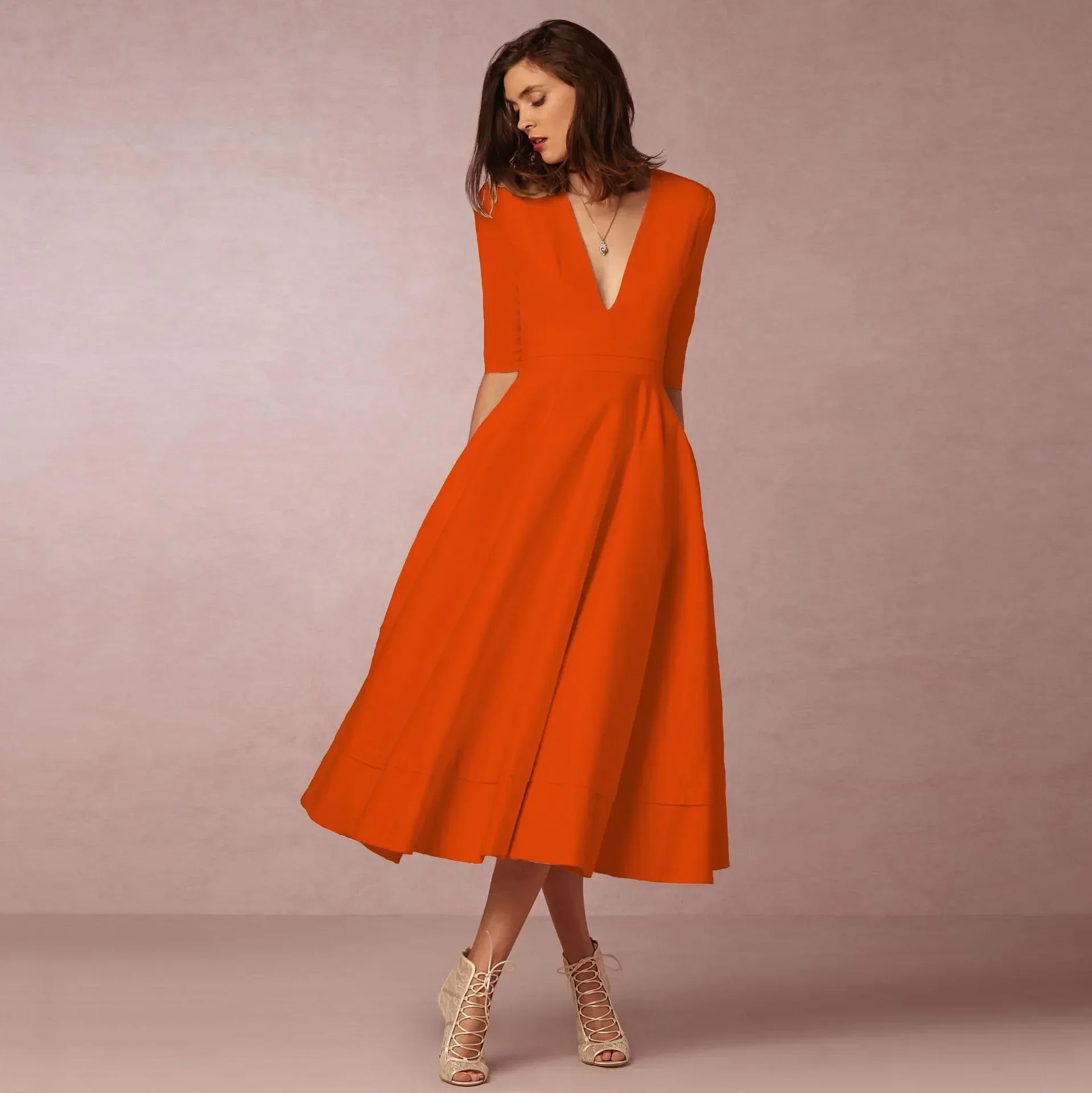 Adeline Women's Cotton Midi Dress – Elegant Fitted Round Neck Dress