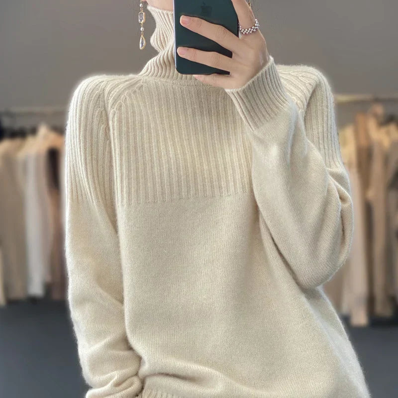 Celeste Women's Relaxed Fit Turtleneck Sweater – Soft Knit Pullover with Ribbed Details