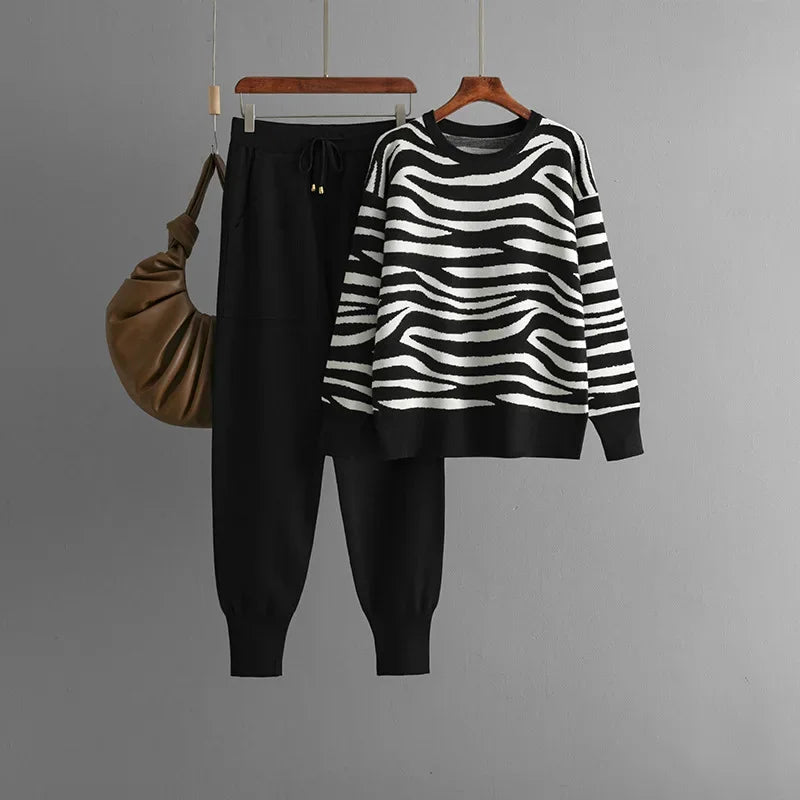 Mireille Women's Cashmere Lounge Set – Soft Zebra Print Knit Two-Piece Outfit  Category: Women's Clothing