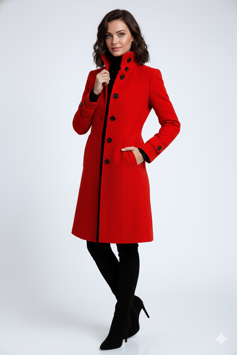 Genevieve Women's Winter Trench Coat – Tailored Long Coat with High Collar & Classic Button Front