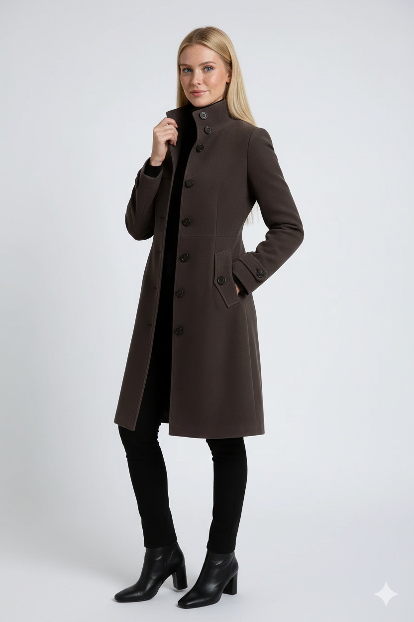 Genevieve Women's Winter Trench Coat – Tailored Long Coat with High Collar & Classic Button Front