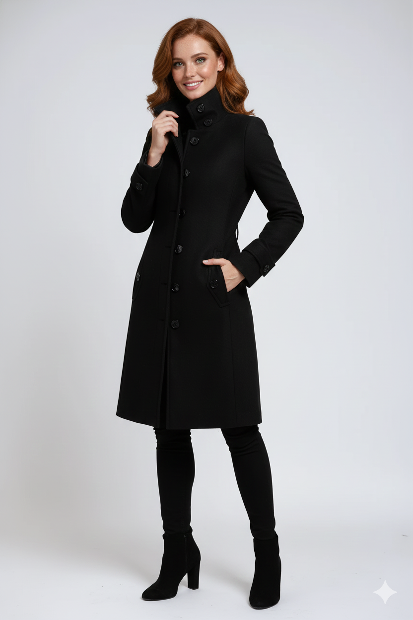 Genevieve Women's Winter Trench Coat – Tailored Long Coat with High Collar & Classic Button Front