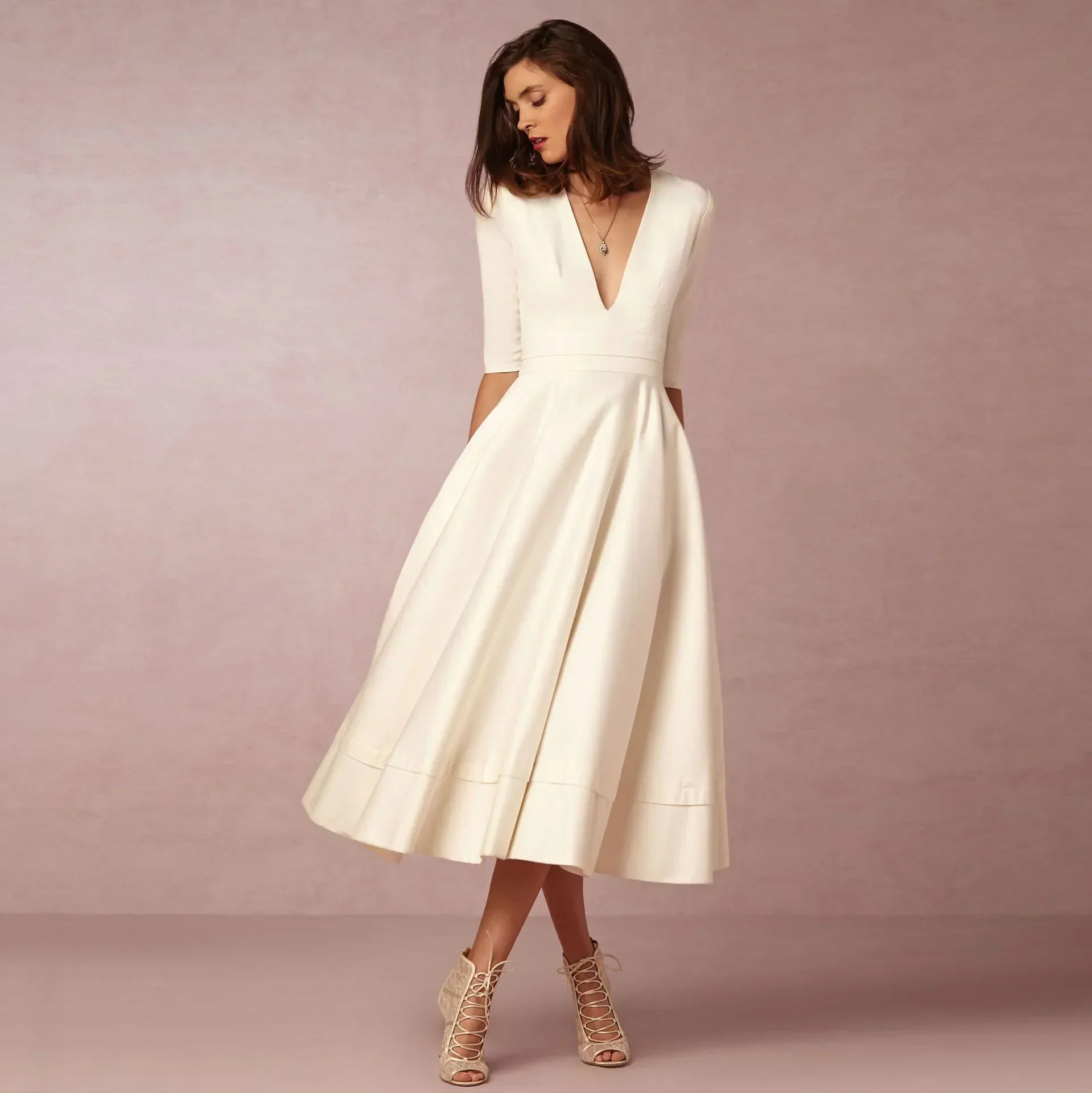 Adeline Women's Cotton Midi Dress – Elegant Fitted Round Neck Dress