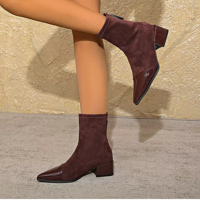 Whitney Ankle Boots for Women – Refined Suede Boots with Patent Accents & Comfy Block Heel