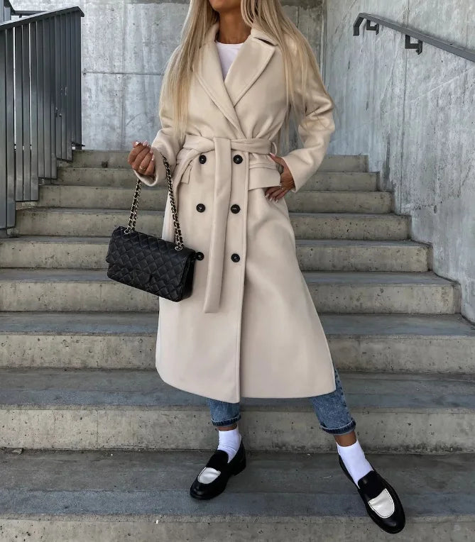 Amélie Women's Double-Breasted Wool Blend Coat – Elegant Long Structured Winter Coat