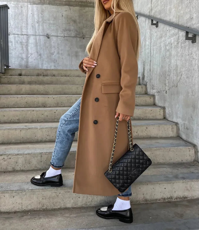 Abigail Women's Wool Coat – Long Double-Breasted Coat with Structured Cut & Refined Style
