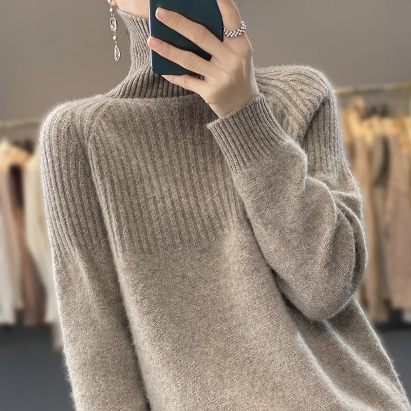 Celeste Women's Relaxed Fit Turtleneck Sweater – Soft Knit Pullover with Ribbed Details