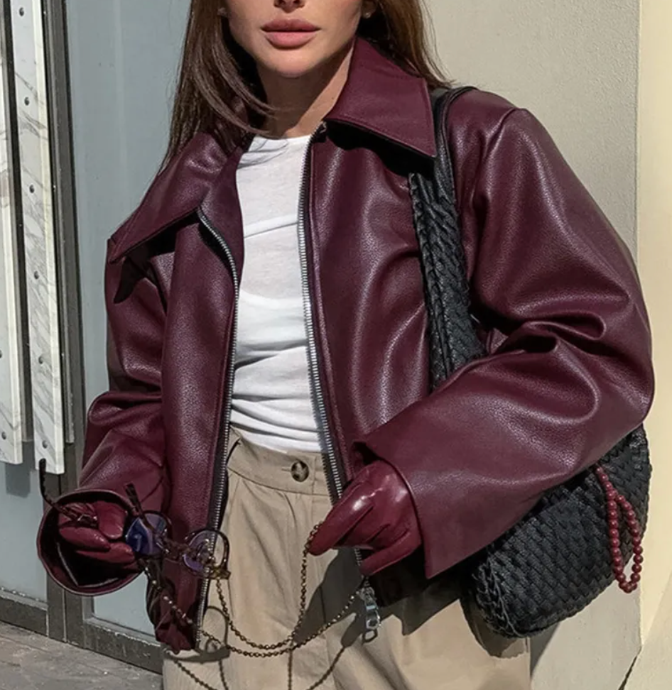 Eveline Women's Faux Leather Bomber Jacket – Oversized Zip-Up Jacket with Classic Collar