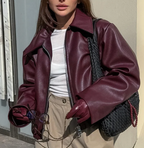 Eveline Women's Faux Leather Bomber Jacket – Oversized Zip-Up Jacket with Classic Collar
