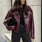 Eveline Women's Faux Leather Bomber Jacket – Oversized Zip-Up Jacket with Classic Collar