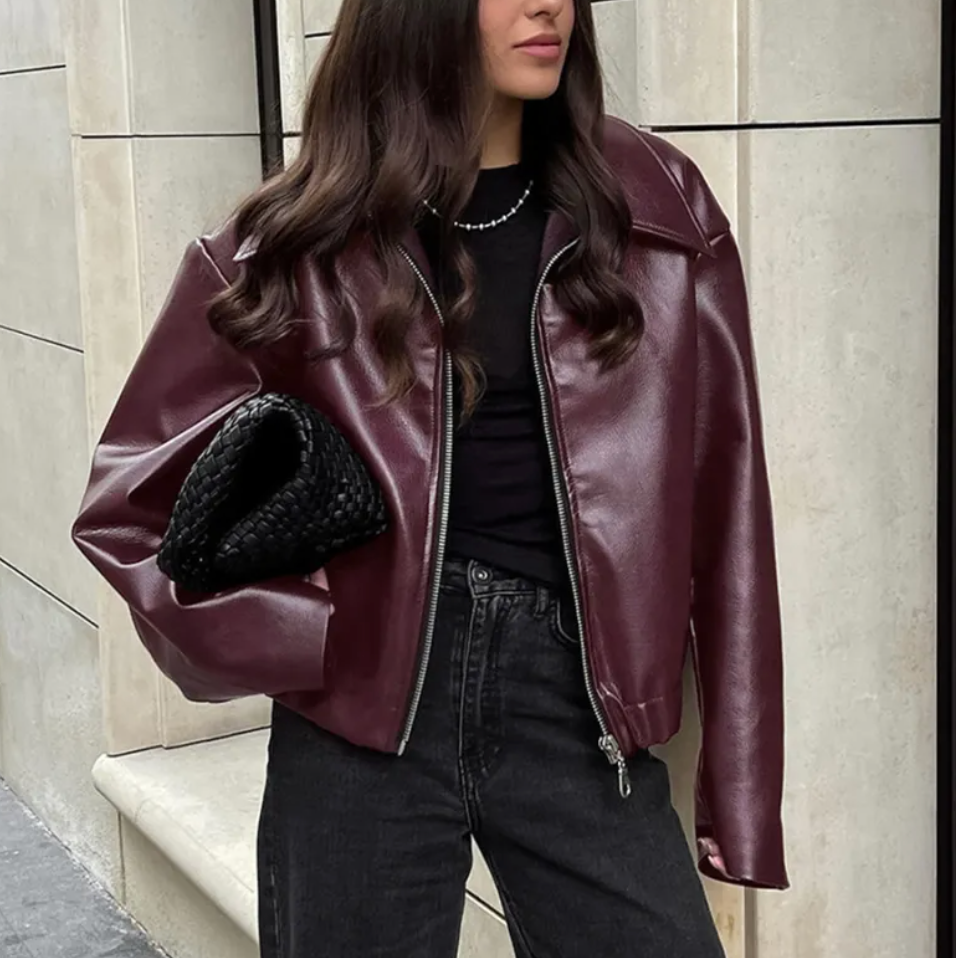 Eveline Women's Faux Leather Bomber Jacket – Oversized Zip-Up Jacket with Classic Collar