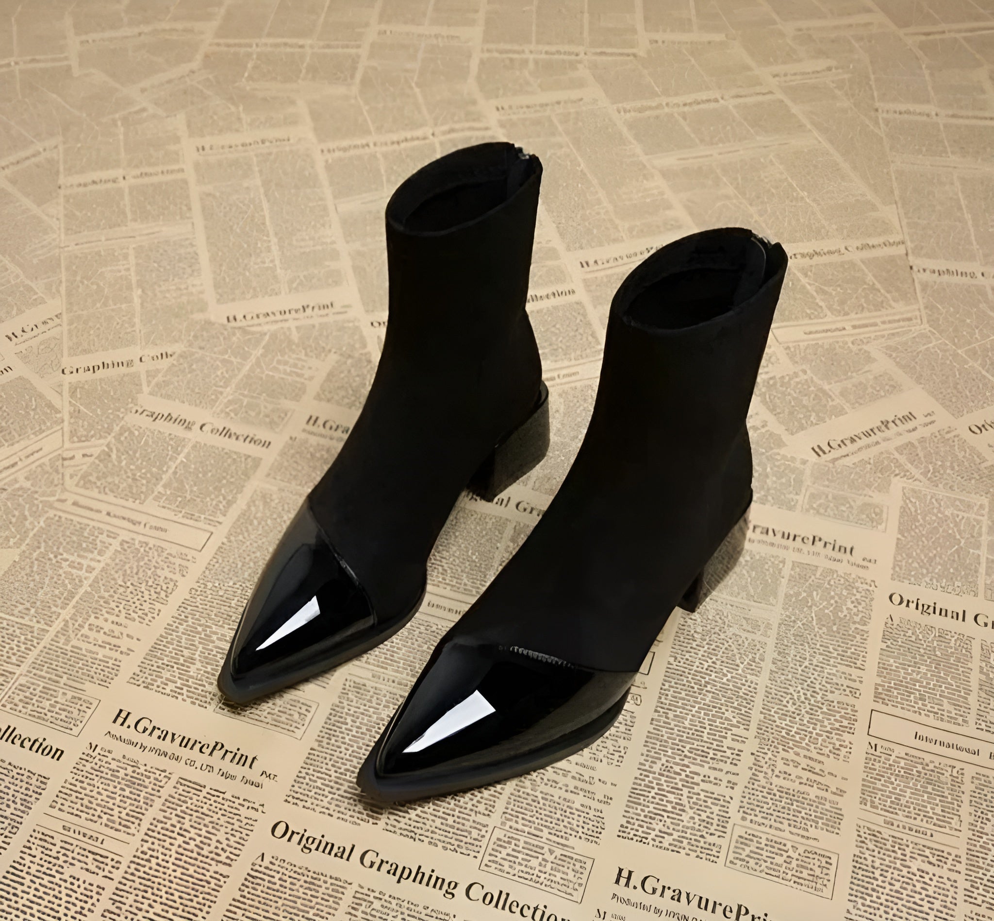 Rosalie Women's Suede Ankle Boots – Elegant Patent Leather Accents & Comfortable Block Heel