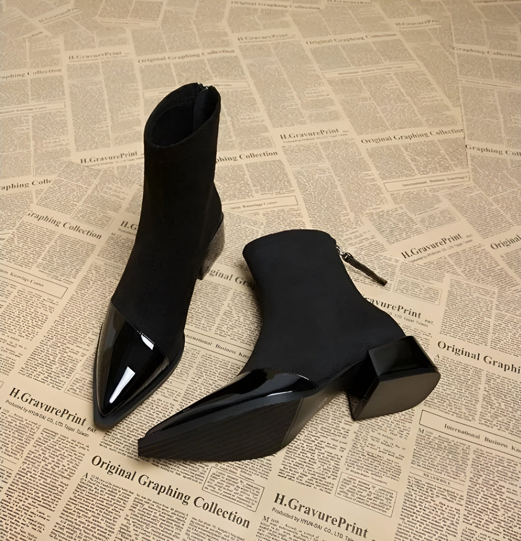 Whitney Ankle Boots for Women – Refined Suede Boots with Patent Accents & Comfy Block Heel