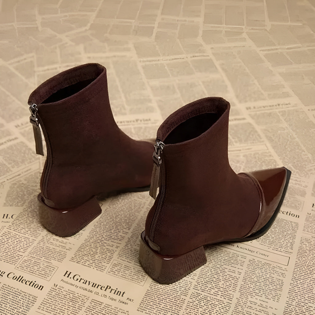 Whitney Ankle Boots for Women – Refined Suede Boots with Patent Accents & Comfy Block Heel