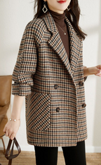 Audrey Women’s Checked Blazer Jacket – Oversized Double-Breasted Vintage Coat