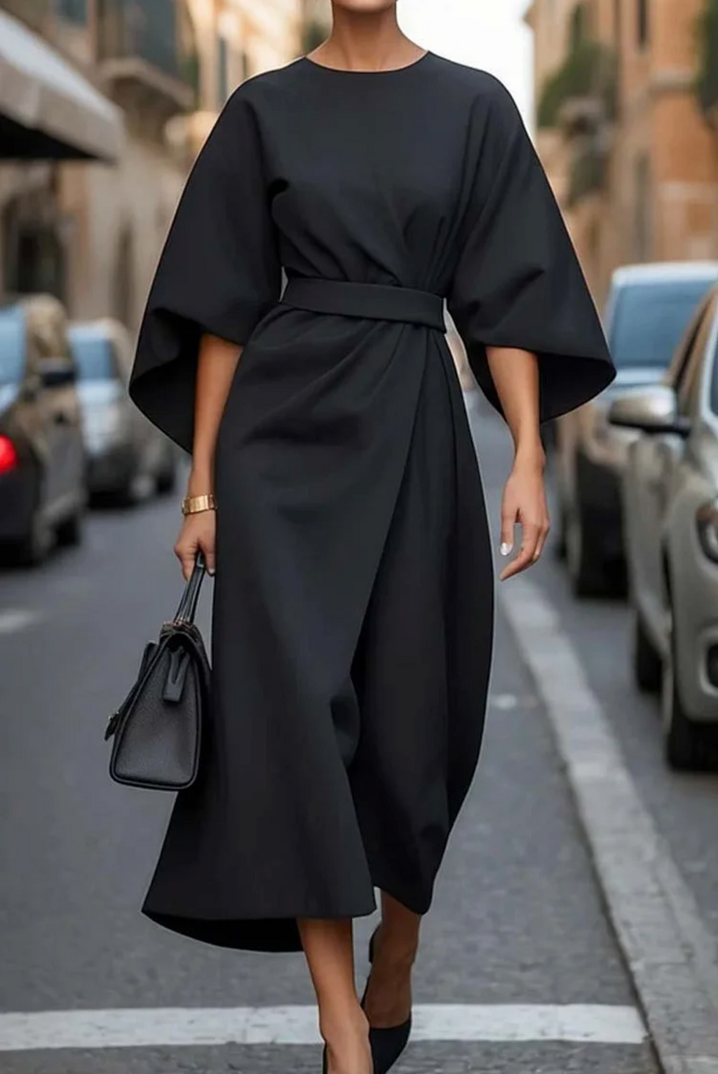 Marina Women's Refined Dress – Feminine Design with Balloon Sleeves and Adjustable Fitted Waist