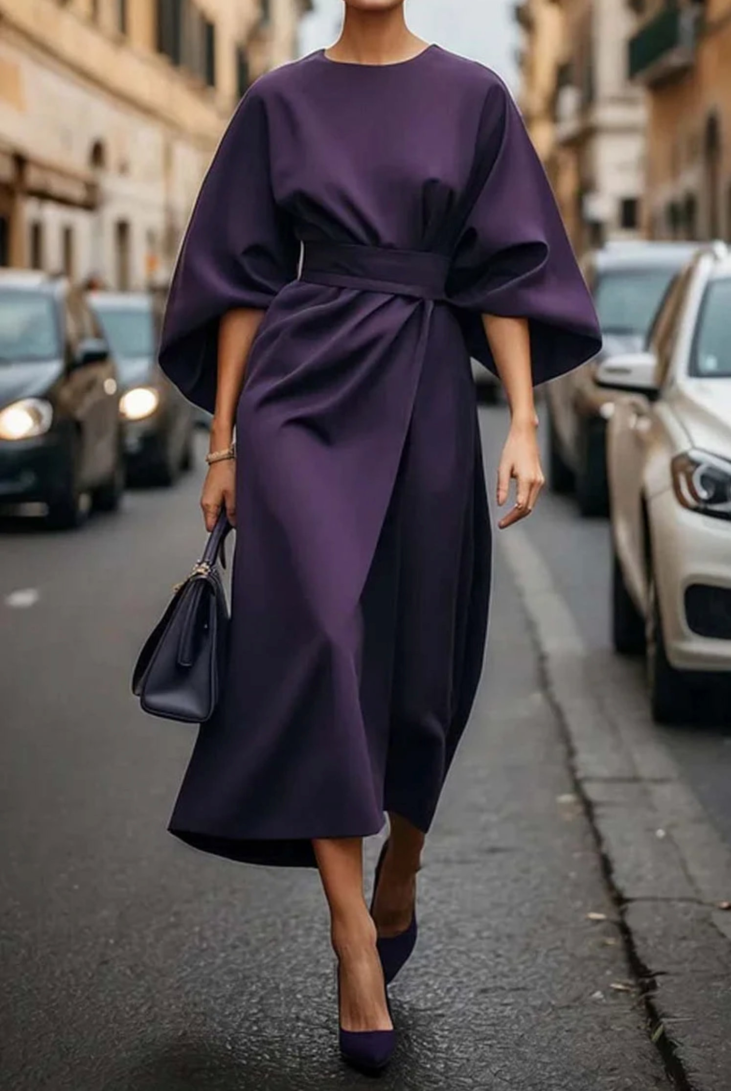 Louise Women’s Elegant Dress – Flowy Puff Sleeve Midi Dress with Adjustable Waist