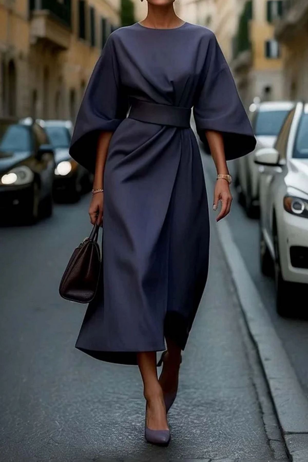 Marina Women's Refined Dress – Feminine Design with Balloon Sleeves and Adjustable Fitted Waist