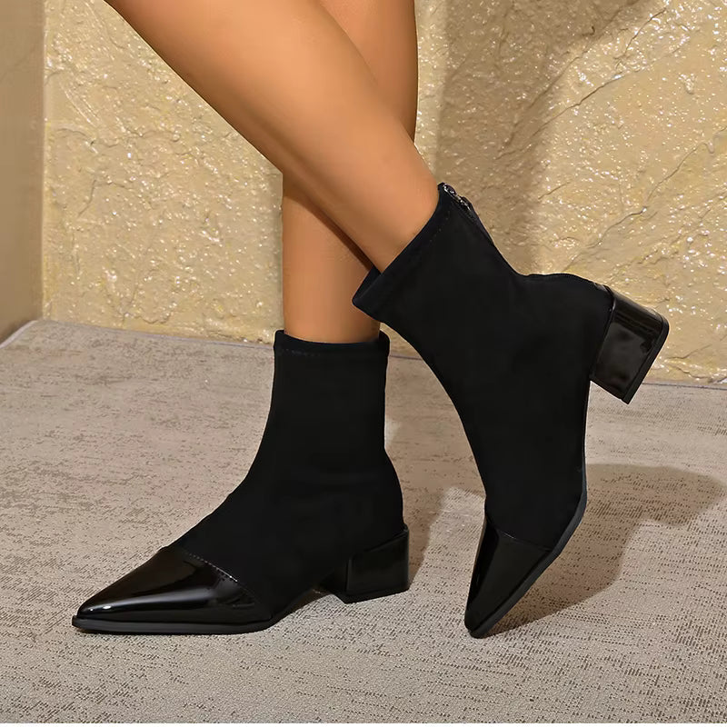 Whitney Ankle Boots for Women – Refined Suede Boots with Patent Accents & Comfy Block Heel