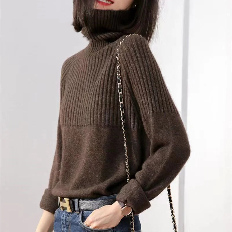 Celeste Women's Relaxed Fit Turtleneck Sweater – Soft Knit Pullover with Ribbed Details