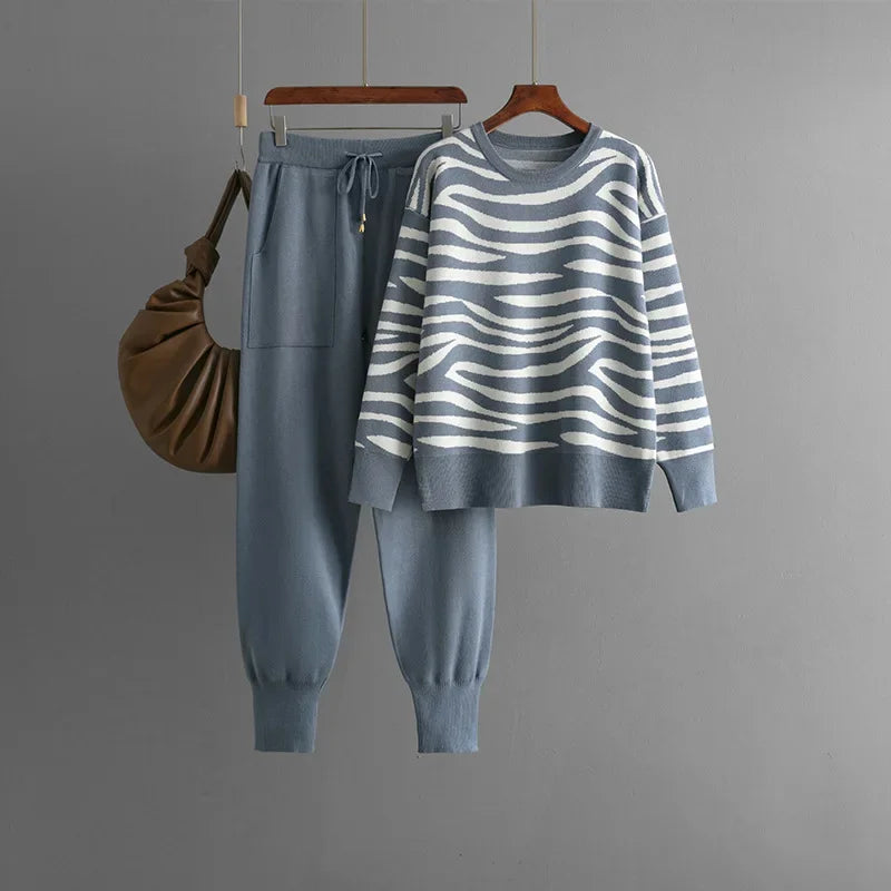 Mireille Women's Cashmere Lounge Set – Soft Zebra Print Knit Two-Piece Outfit  Category: Women's Clothing