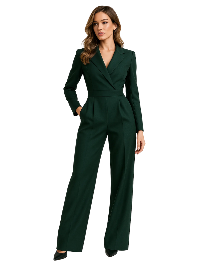 Odette Women's Blazer Jumpsuit – Elegant Wide-Leg Jumpsuit with Deep V-Neck
