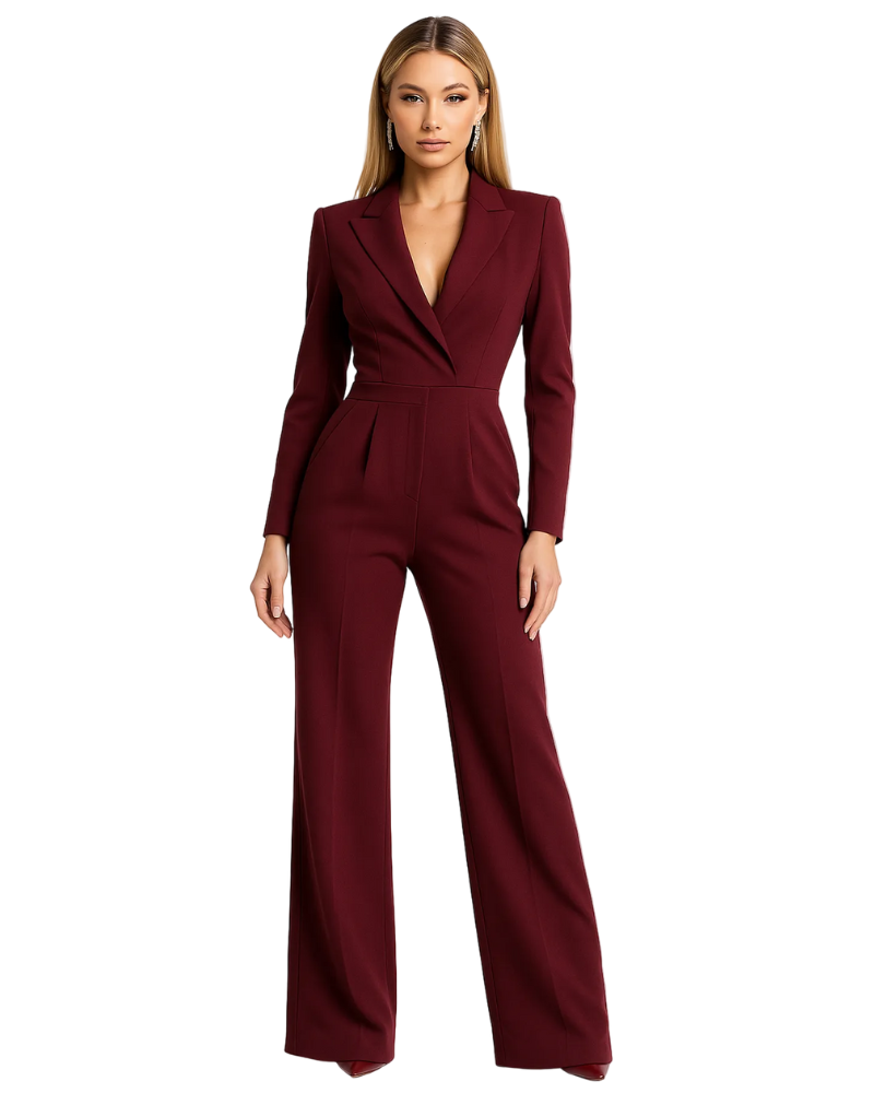 Odette Women's Blazer Jumpsuit – Elegant Wide-Leg Jumpsuit with Deep V-Neck
