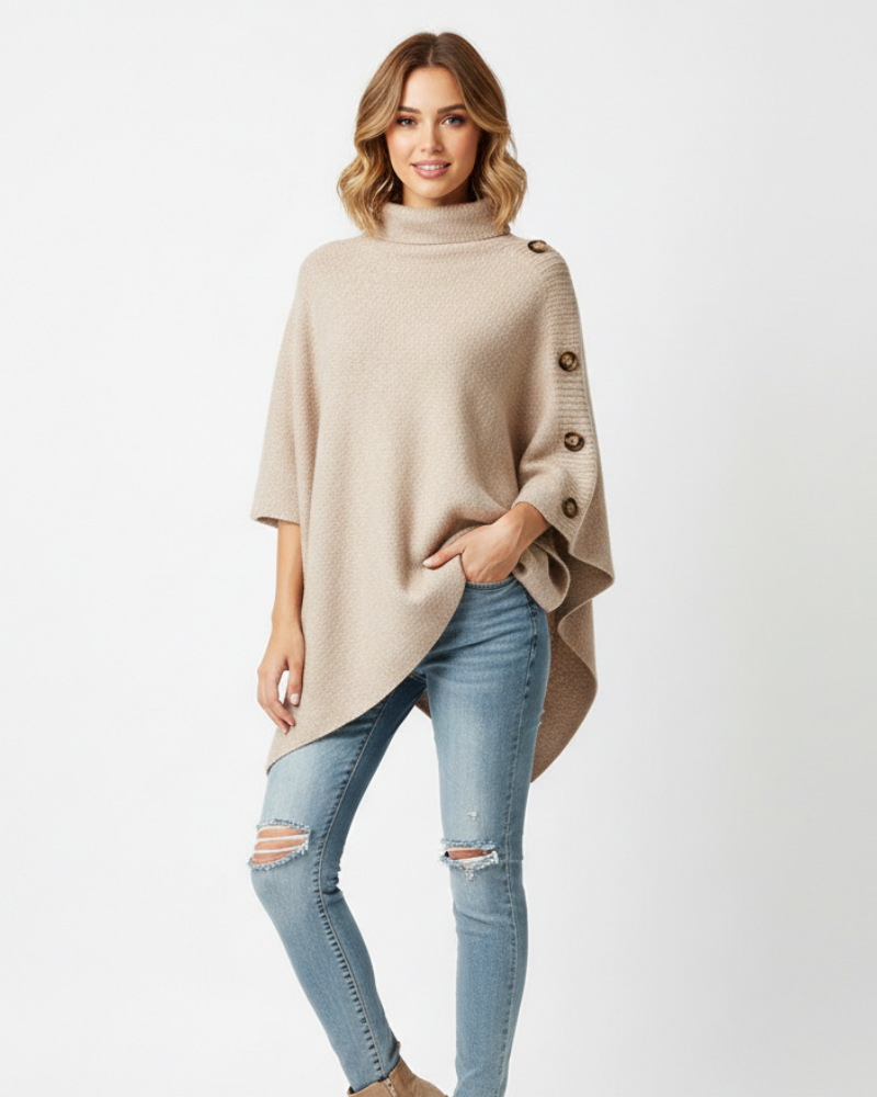 Elayne Women’s Wool Poncho – Oversized Knit Cape with High Neck & Elegant Buttons