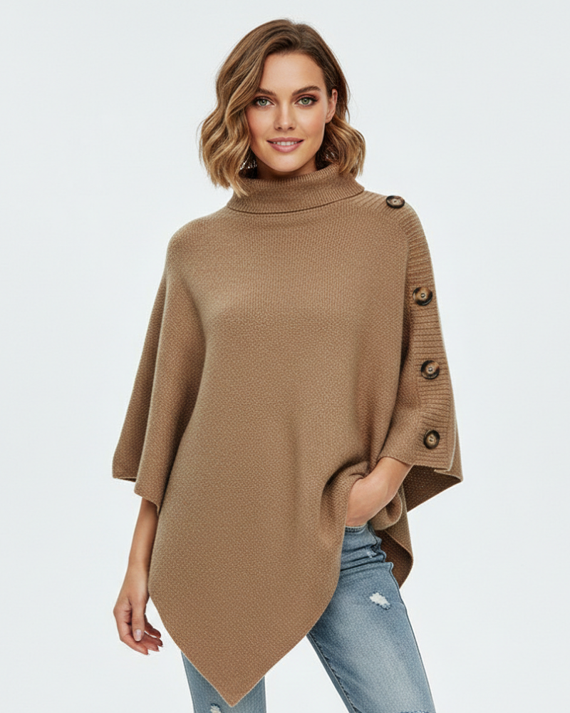 Liora Women's Wool Poncho – Oversized High-Neck Poncho with Asymmetric Hem