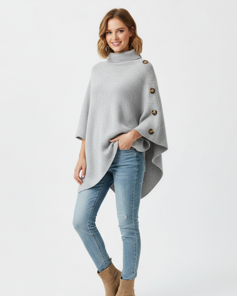 Liora Women's Wool Poncho – Oversized High-Neck Poncho with Asymmetric Hem