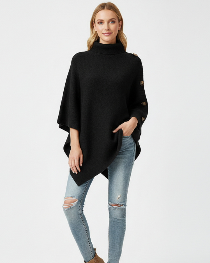 Liora Women's Wool Poncho – Oversized High-Neck Poncho with Asymmetric Hem