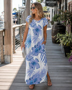 Aveline Women's Cap Sleeve Maxi Dress with Crew Neck, Side Pockets & Flowy Silhouette
