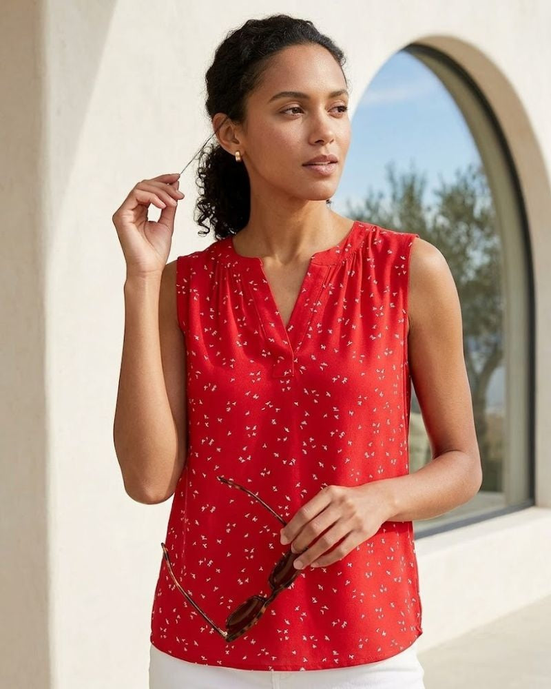 Kaelani Printed Sleeveless V-Neck Popover Shirt in Lightweight Flowy Twill Fabric