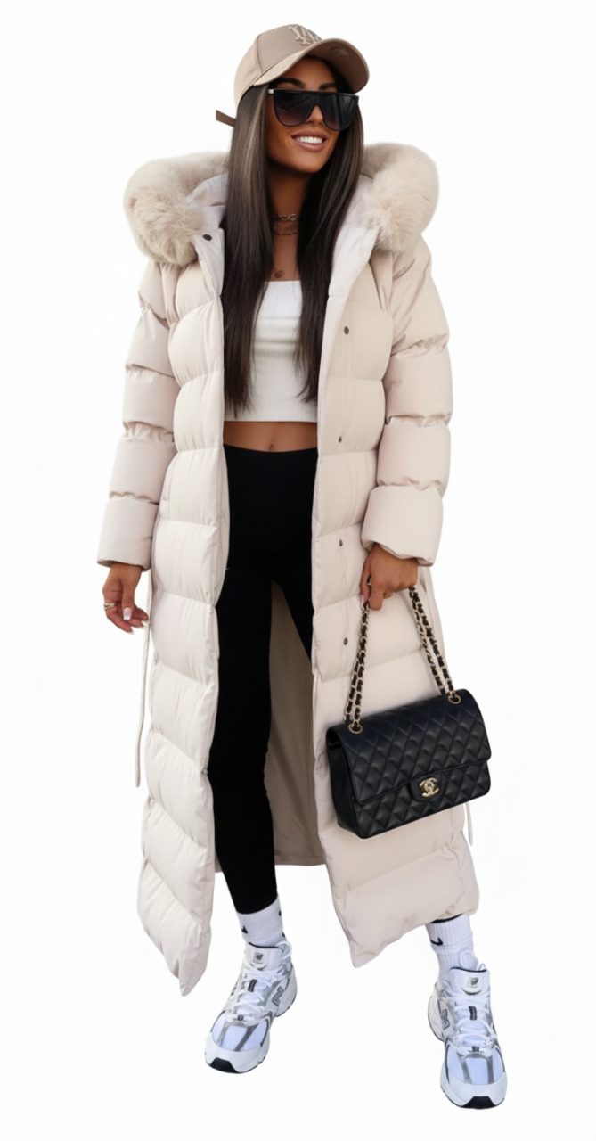Geneviève Women's Long Puffer Coat – Belted Winter Jacket with Faux Fur Collar