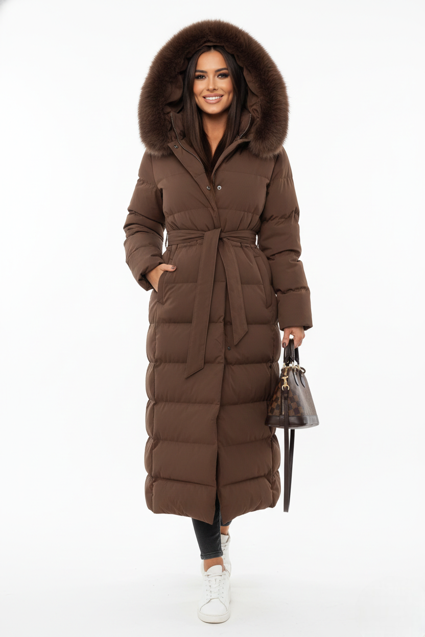 Geneviève Women's Long Puffer Coat – Belted Winter Jacket with Faux Fur Collar
