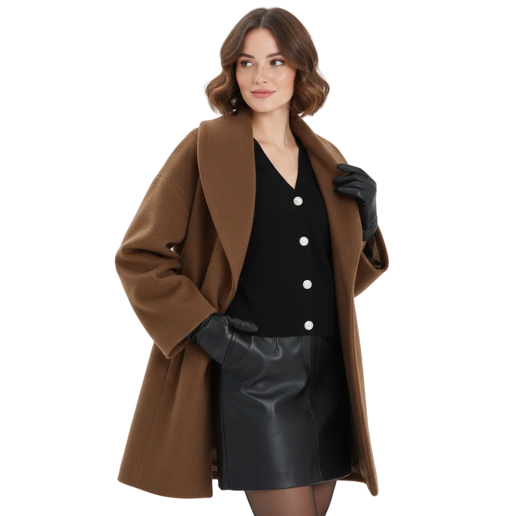 Audrey Women's Oversized Long Coat – Relaxed Tailored Coat with Wide Lapels & Soft Draped Fit