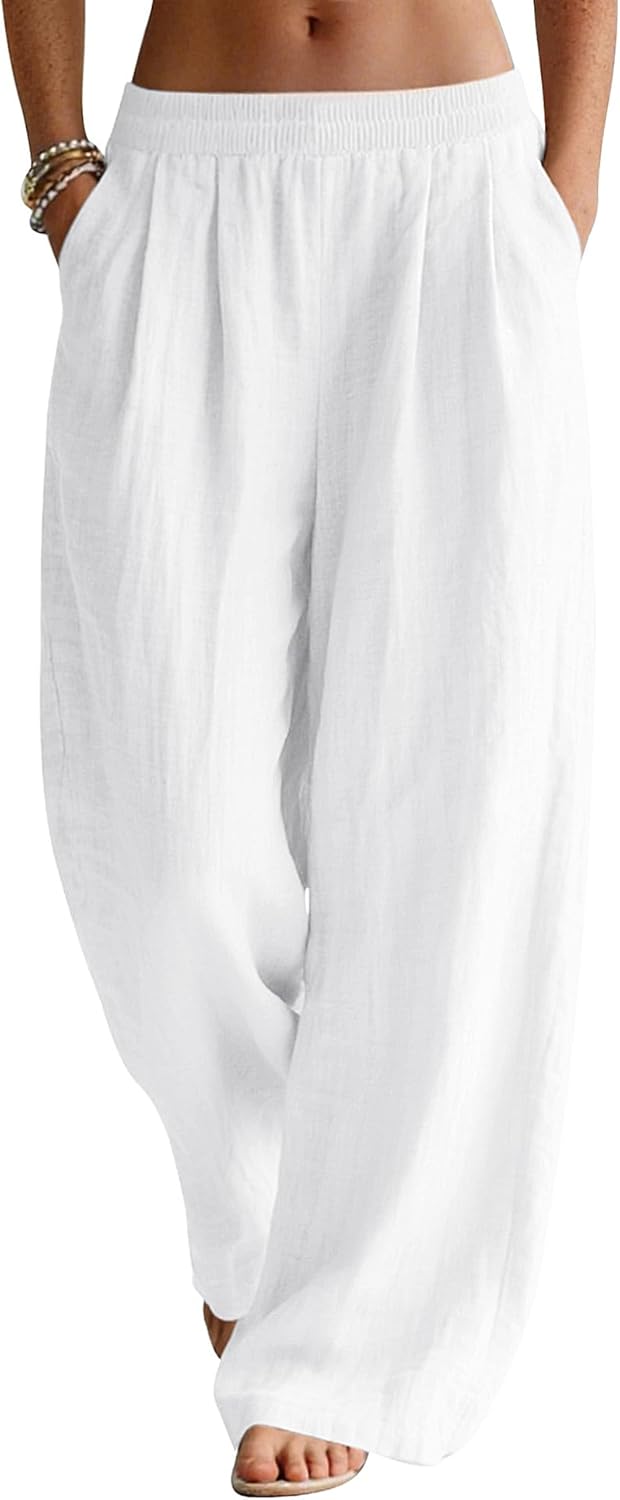 Seraphina Linen Blend Wide Leg Summer Trousers with Elastic Waist and Side Pockets