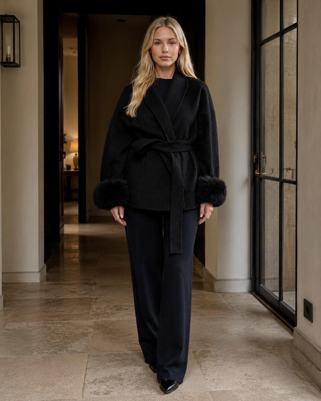 Livia Women’s Luxury Winter Coat – Long Belted Faux Fur Coat with Elegant Fit