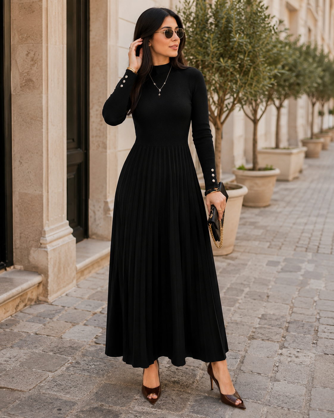 Simone Women's Pleated Dress – Fitted Bodice, Flowy Skirt & Sophisticated Silhouette